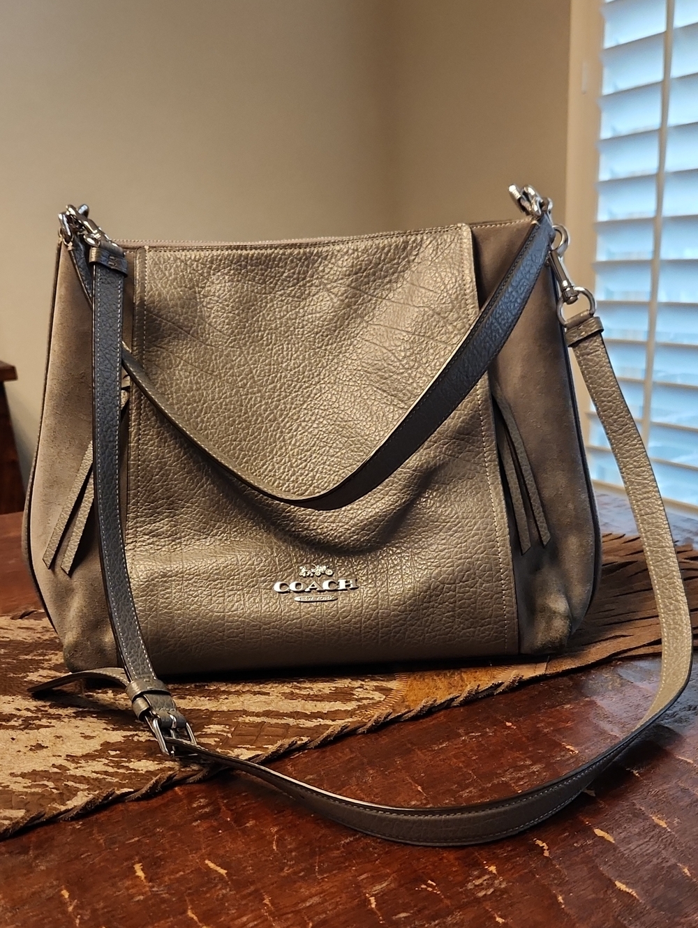 Coach Gray Taupe Pebbled Leather Shoulder Bag with Silver Hardware